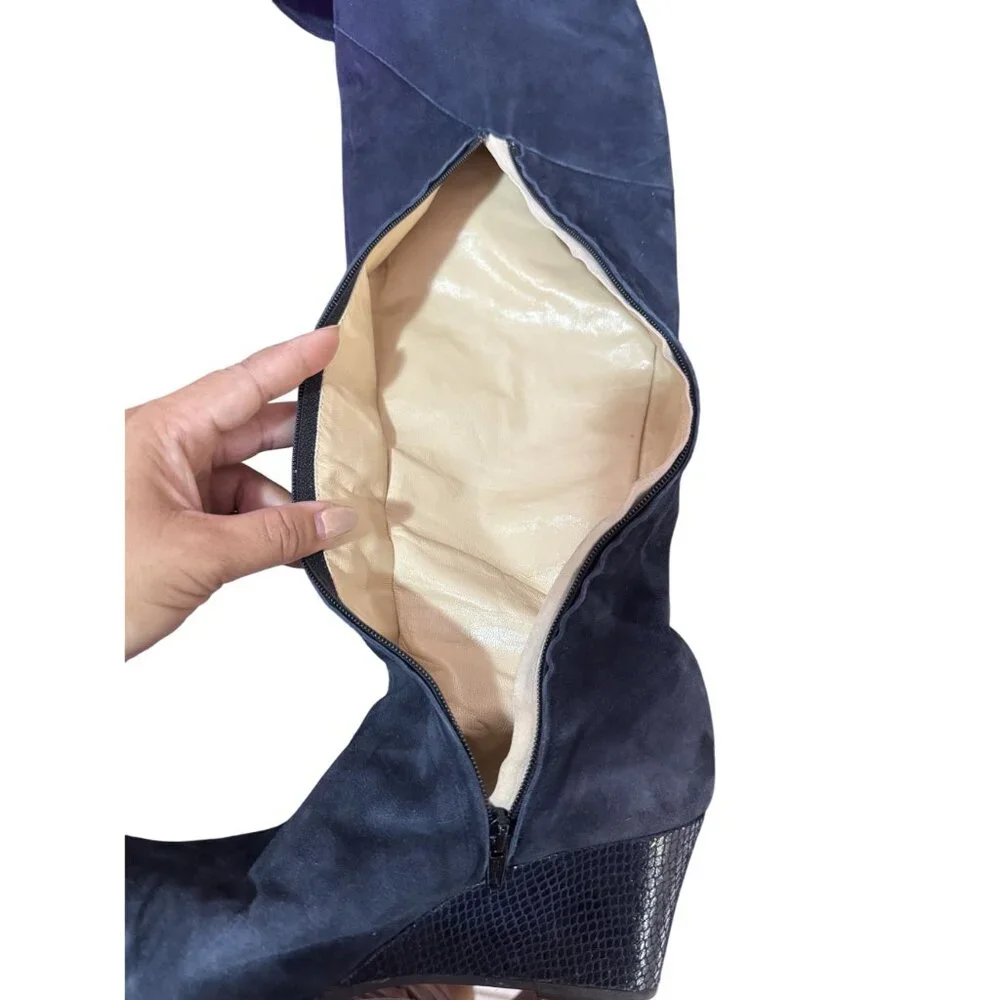 Casini by Jennifer Tattanelli Womens Navy Suede Knee High Wedge Boots EU 38.5